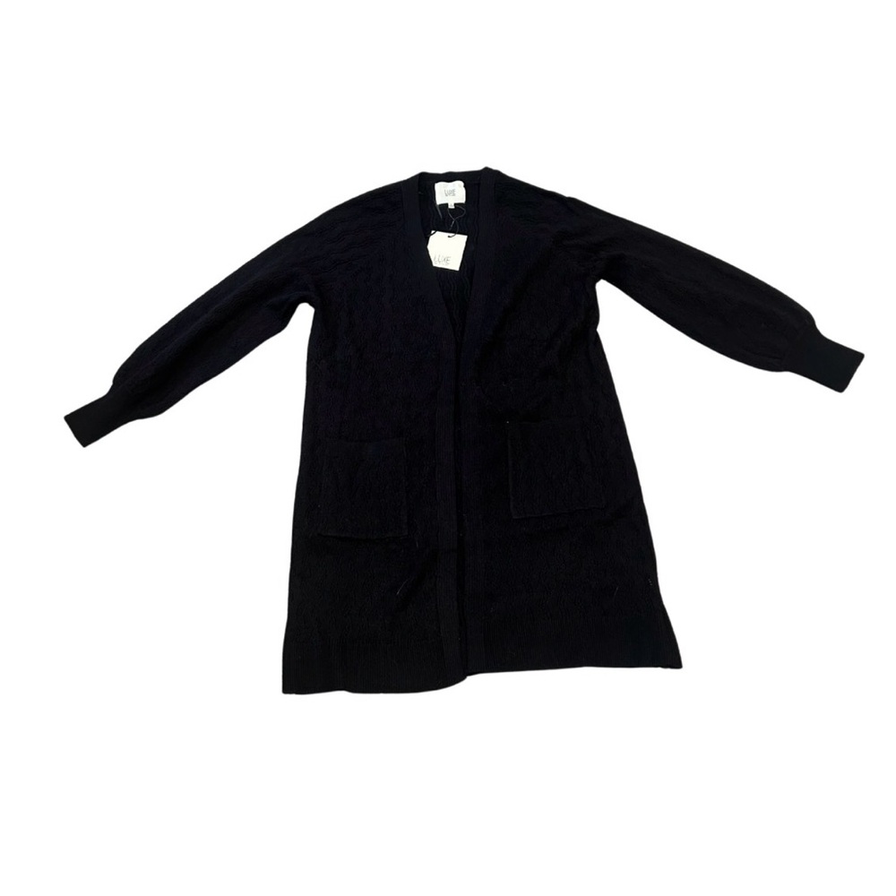 Luxe by Tricot Pointelle Knit Open Front Long Cardigan | Black | NWT | Size S